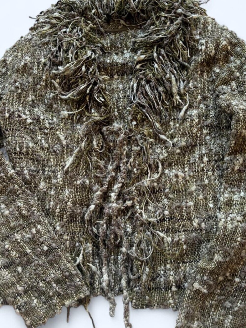 Vintage Tie Front Green Brown Textured Fringe Cardigan Sweater S